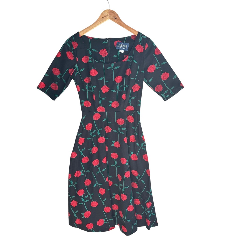 Collectif Vintage London Amber Swing Dress Black Red Rose Print Retro Party XSโ